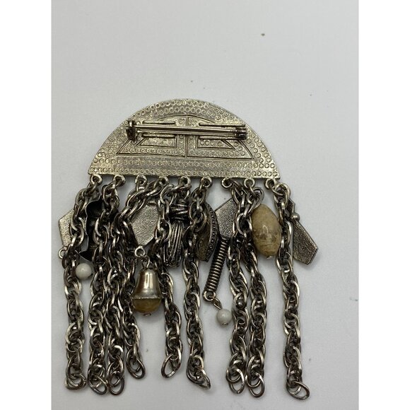 Vintage Silver-Tone Multi-Chain Statement Brooch With Red Beige & White Stone Ac - Picture 7 of 12